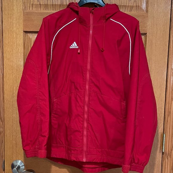 ADIDAS Men's S Hooded Medium Weight Jacket Coat Red White Embroidered - Picture 1 of 9